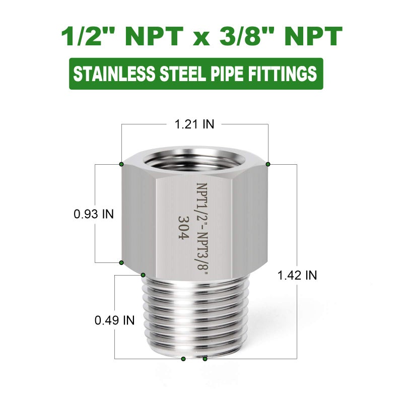 TAISHER 2PCS Forging of 304 Stainless Steel Pipe Fitting, Reducer Adapter, 3/8-Inch Male Pipe x 1/2-Inch Female Pipe - Image 4